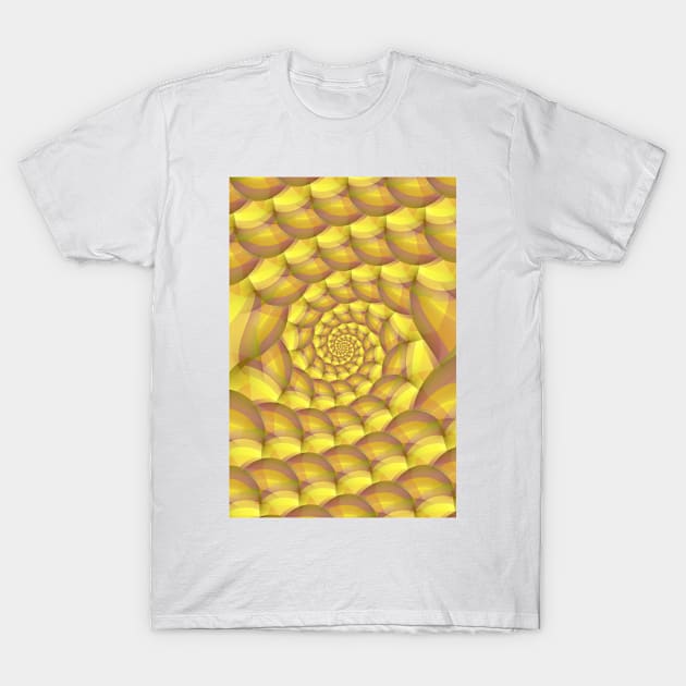 tall yellow and gold coloured complex spiral structure on a beige background T-Shirt by mister-john